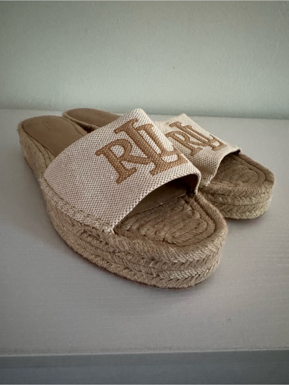 Lauren Ralph Lauren Cream and Tan Canvas Espadrille Slide Sandals